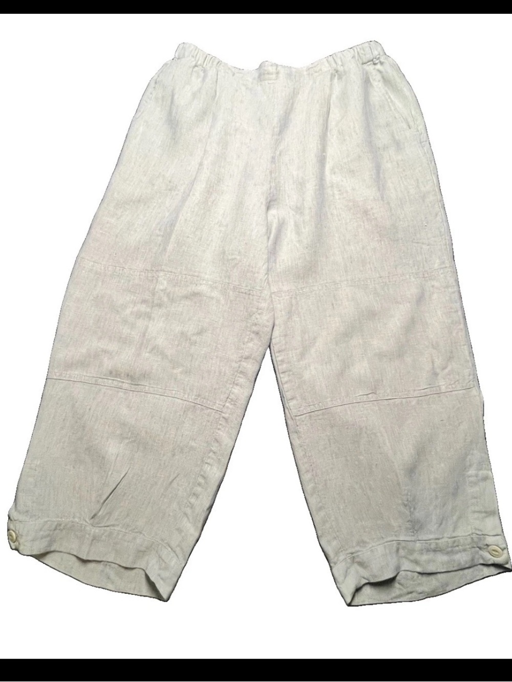 FLAX Women's Beige Linen Cropped Wide-Leg Pants Relaxed Elastic Waist M